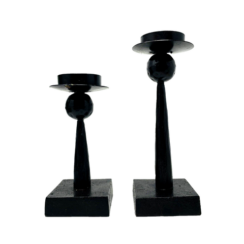 Brutalist Black Cast Metal Pillar Candle Holder Pair 7" and 9" Heavy Primitive Decor